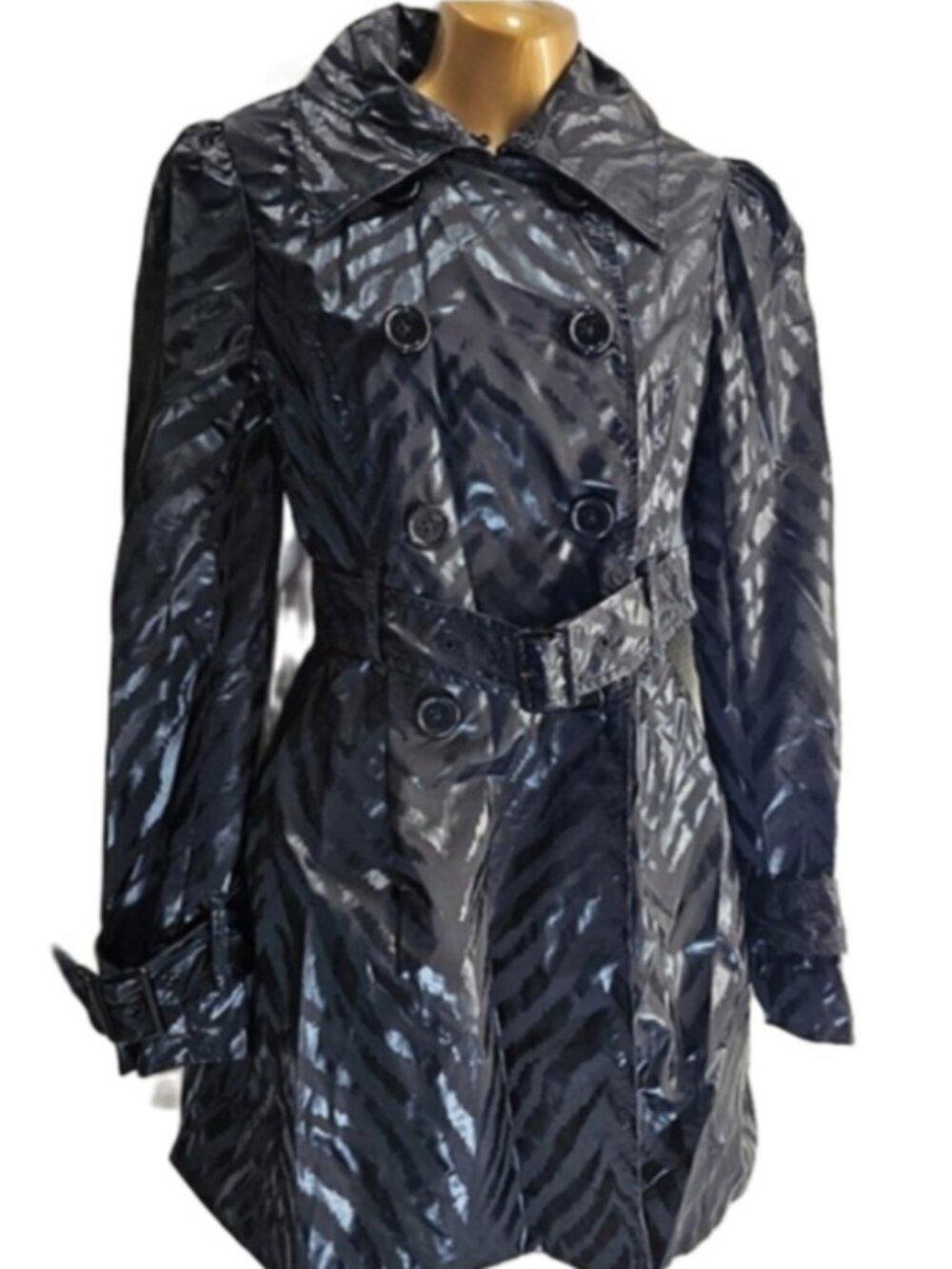 BEBE Black On Black Zebra Tie Back Raincoat size S